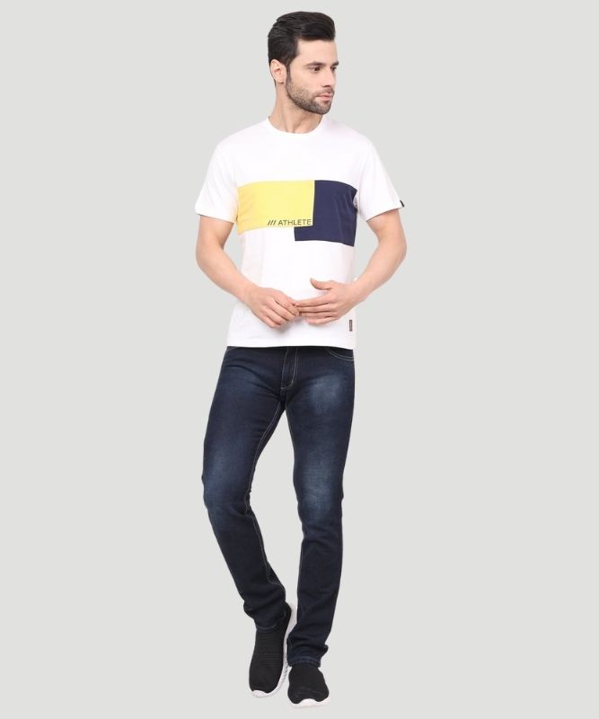 Men's White Colourblock Half Sleeves Regular Fit T-Shirt